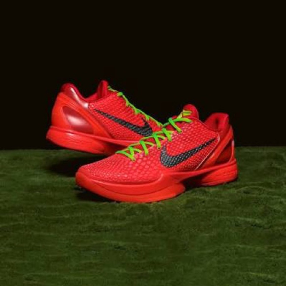 Nike Kobe 6 Protro Reverse Grinch Red and Black Athletic Shoes with Green Laces - Picture 10 of 10